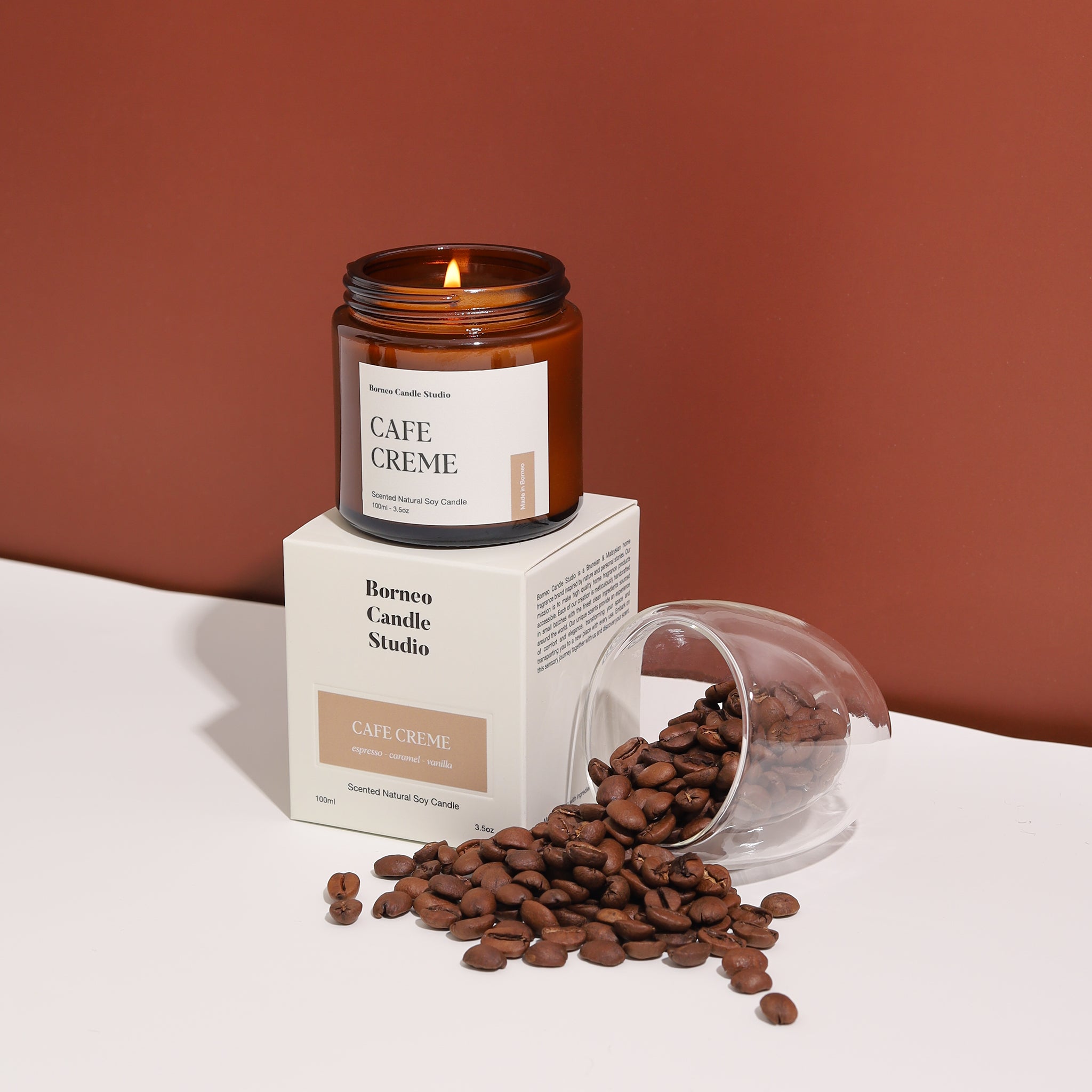 Limited edition coffee inspired scented candle by Borneo Candle Studio. Cafe Creme Candle with scent notes of espresso, caramel and vanilla in 3.5oz size.