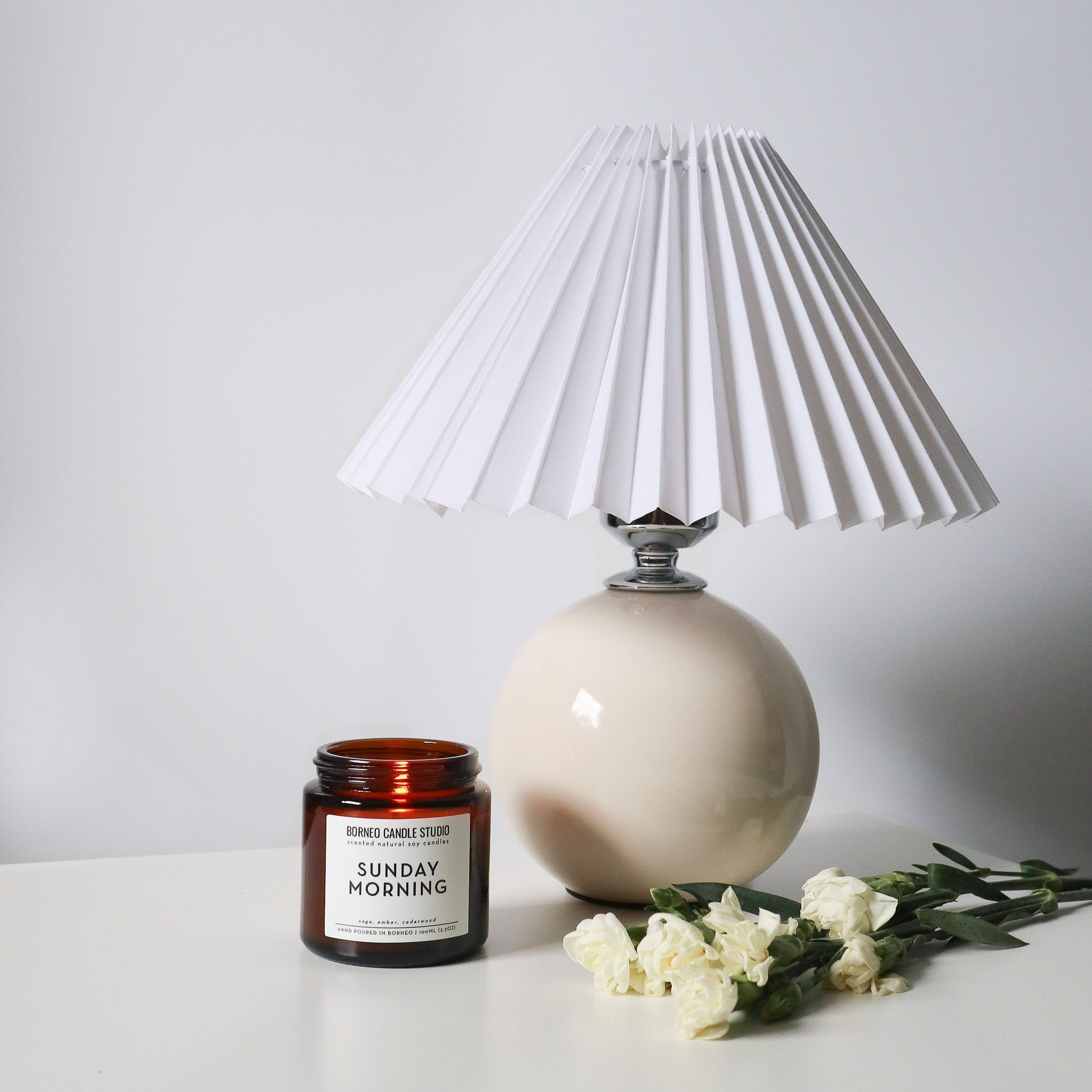 Sunday Morning soy candle with sage, amber, and cedarwood scented candle
