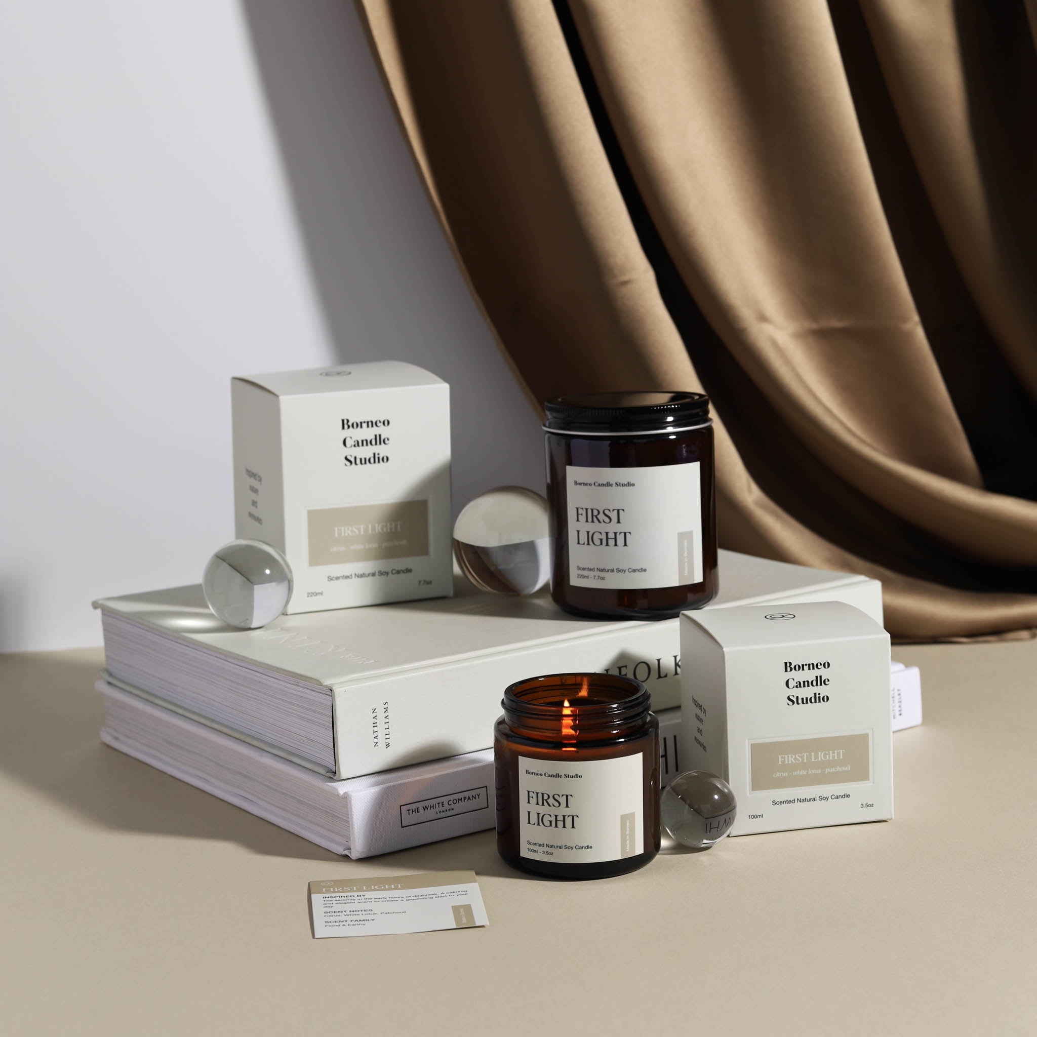 Borneo Candle Studio Candle Packaging 2024 featuring the scent First Light
