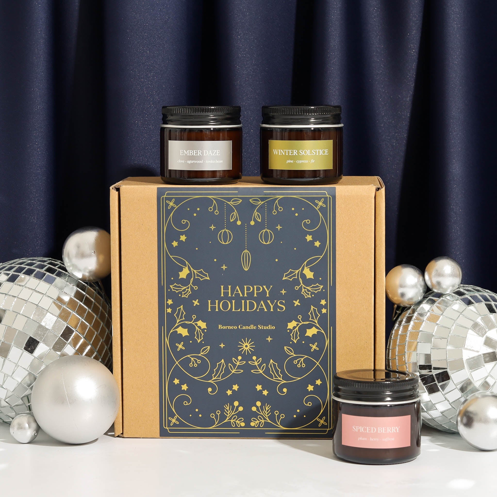 Borneo Candle Studio Malaysia Holiday Gift Set 2024 with 3 scented candles in Spiced Berry, Ember Daze and Winter Solstice