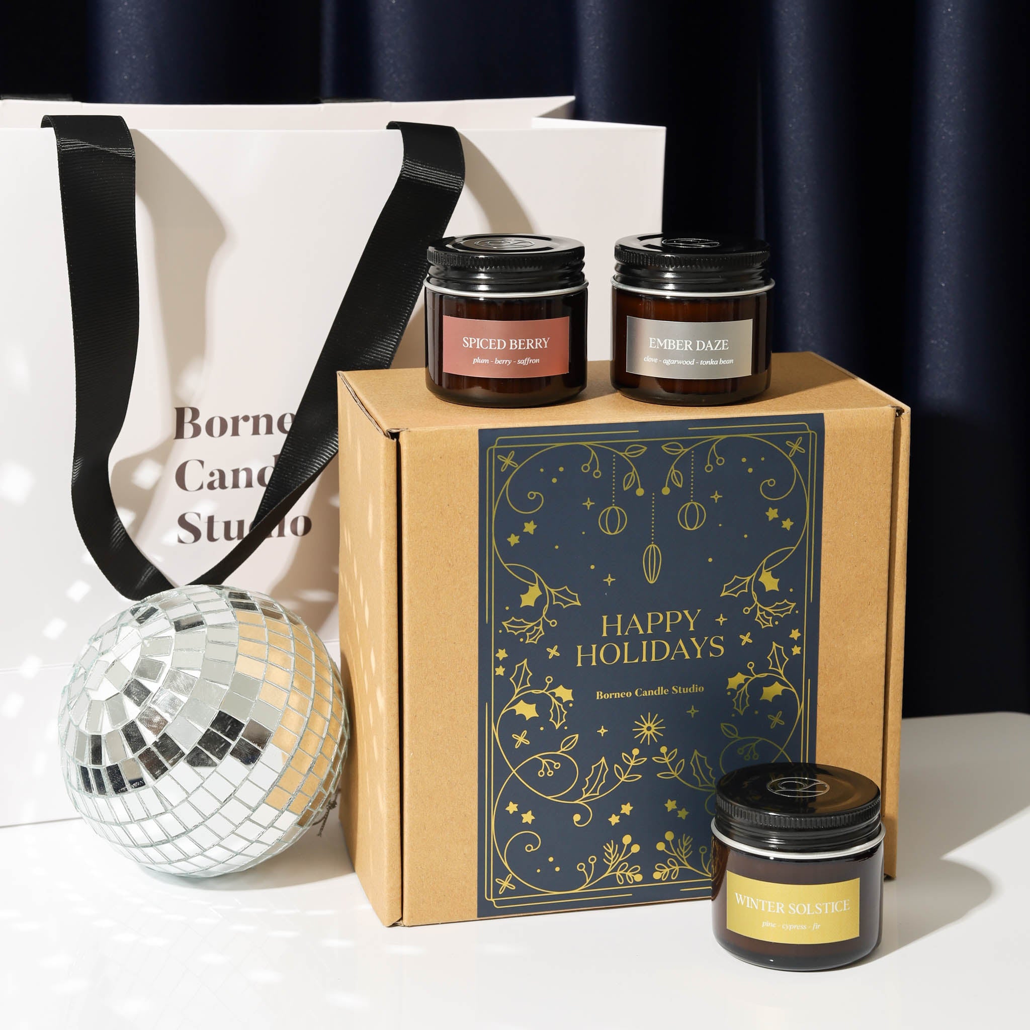 Borneo Candle Studio Malaysia Holiday Gift Set 2024 with 3 scented candles in Spiced Berry, Ember Daze and Winter Solstice