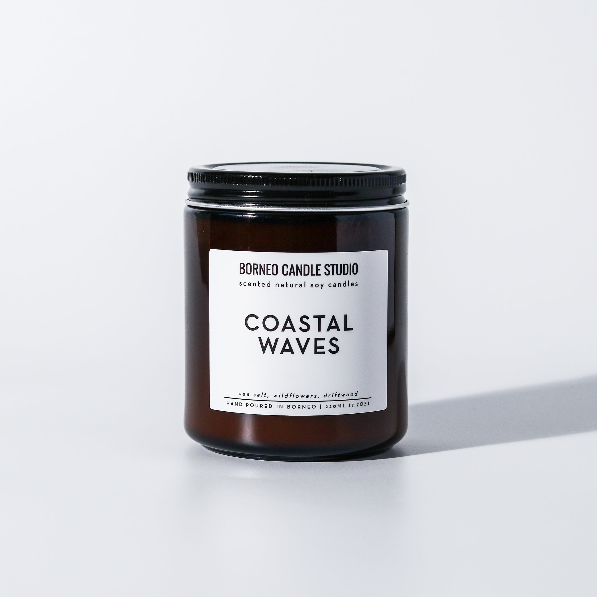 Coastal Waves Soy Candle - sea salt, wildflowers, driftwood scented candle in 7.7 oz amber glass jar with lid