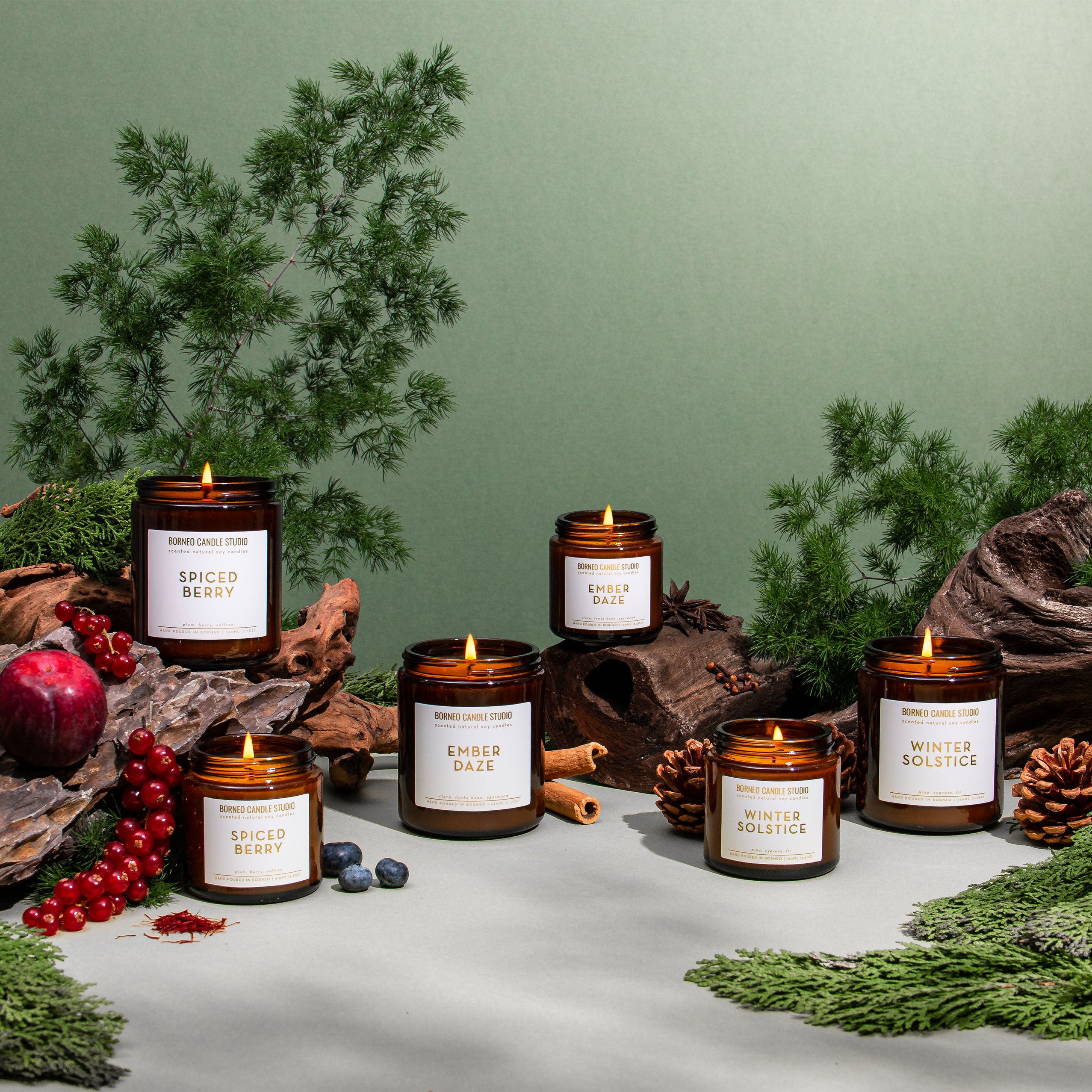 Borneo Candle Studio Holiday Christmas Scented Candles Collection 2022 with Spiced Berry, Ember Daze and Winter Solstice